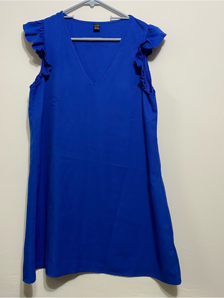 Evolushein Dress Sz M/6 Blue Flutter Sleeve Minimalist Career Office